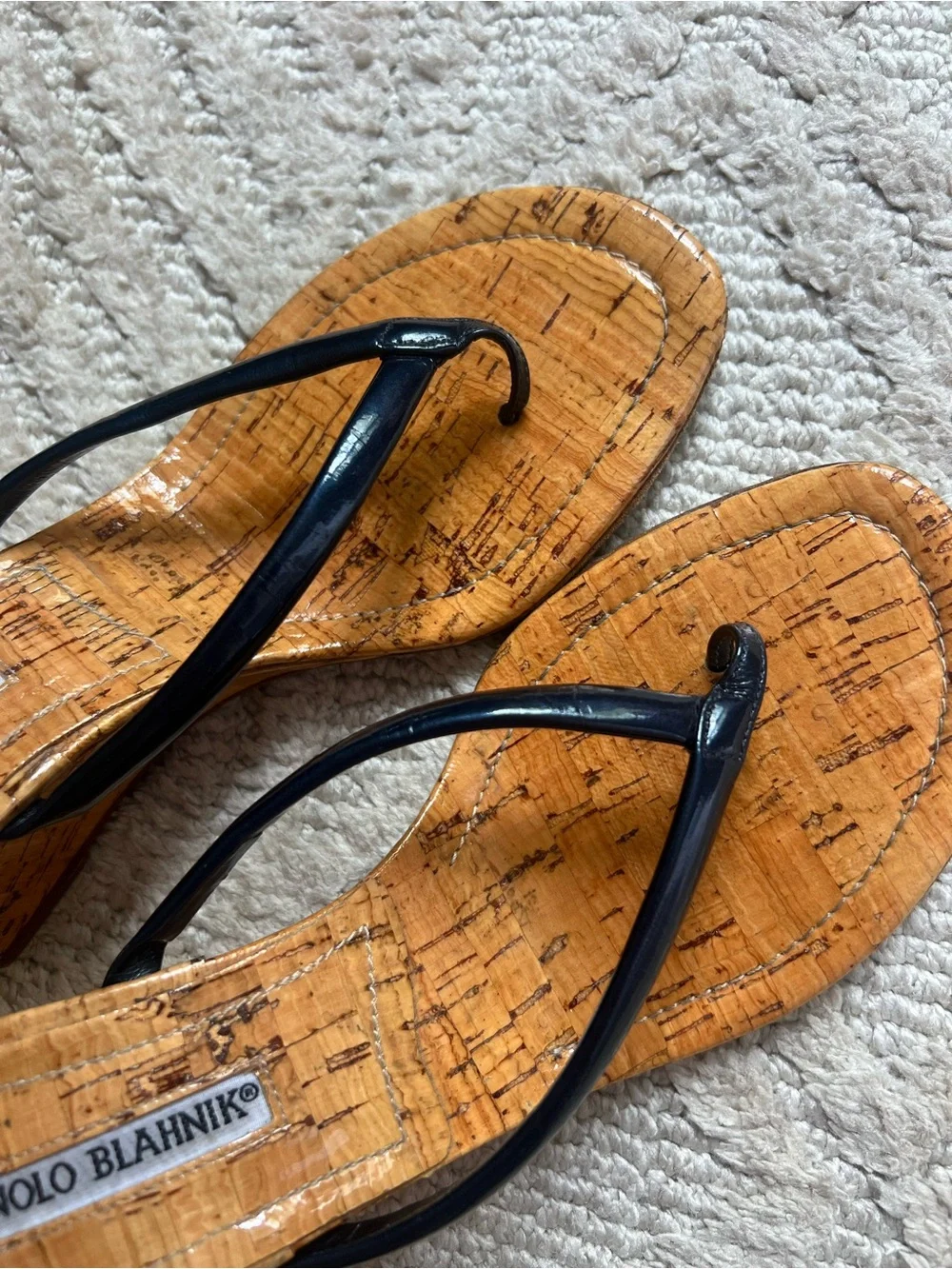 Manolo Blahnik vintage corkblock pattern navy flip flop wedges, size 38.5